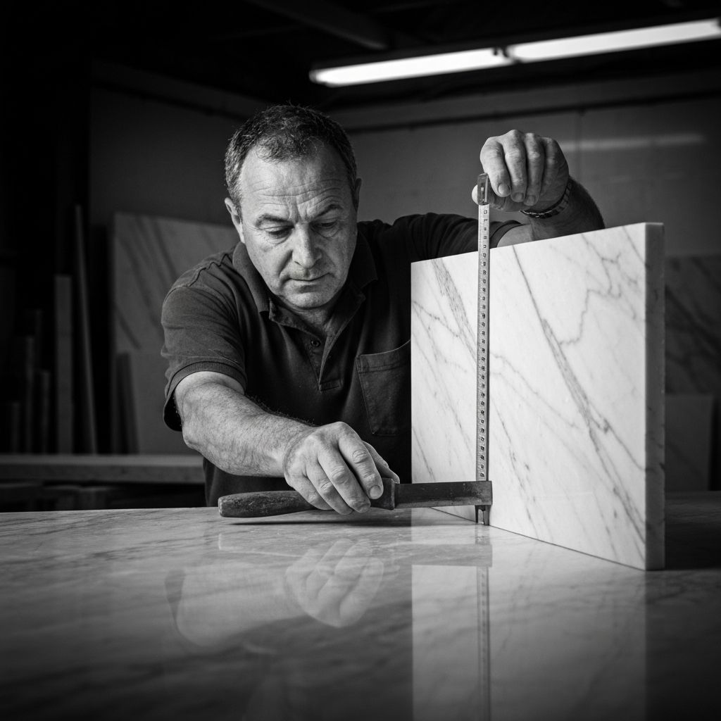 Artesão trabalhando em peça de mármore na Marmo e Design